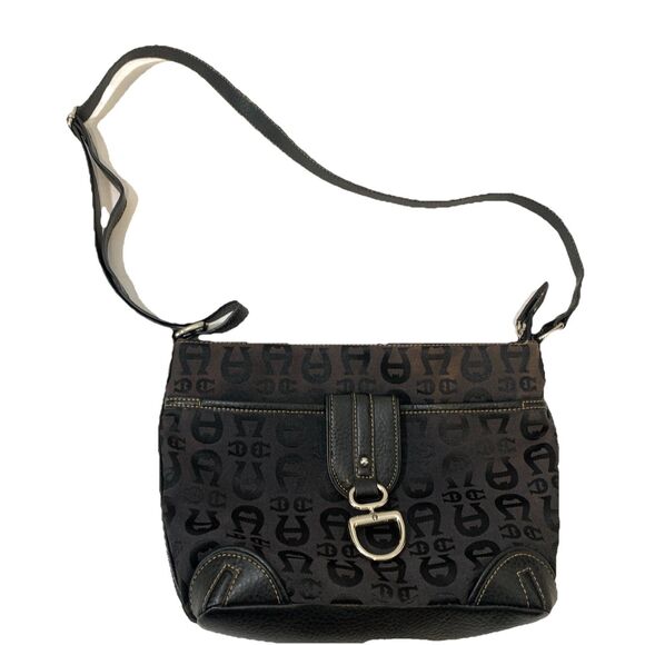 Vtg Etienne Aigner Crossbody Purse Signature Logo Black Canvas *Sun Faded Y2K - Picture 1 of 9